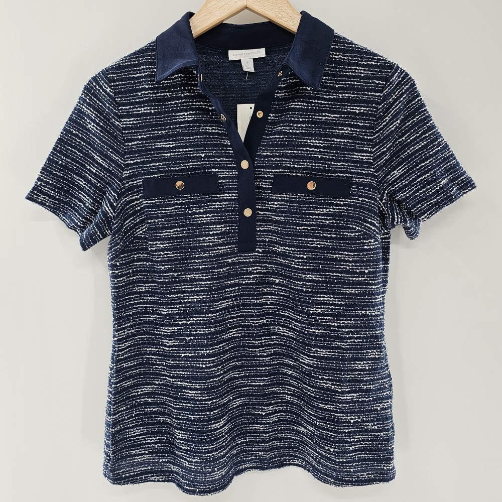 Charter Club Blue White Short Sleeve Polo Top Womens Size Small